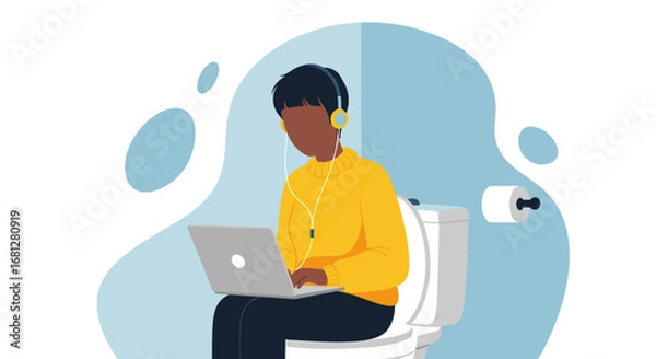 Fototapeta Person with headphones and laptop working or studying from a toilet. A humorous illustration of remote work, multitasking, or seeking privacy in modern life.