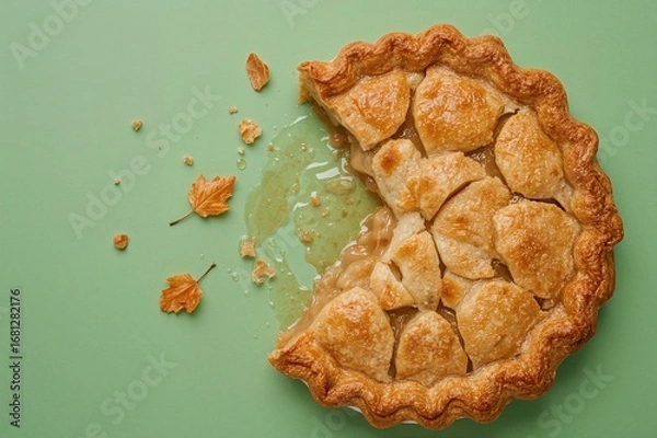 Fototapeta Remaining slice of apple pie with greasy marks on a green paper surface. Top-down perspective of a partially eaten classic dessert.
