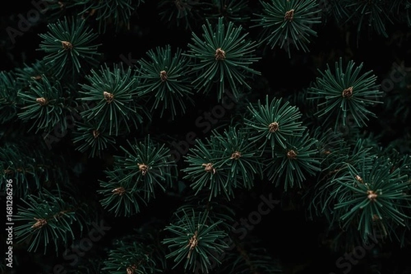 Fototapeta Close-up of green pine branches on a festive Christmas backdrop with ample copy space, featuring a stylish dark and moody winter theme.