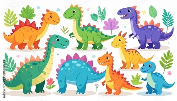 Fototapeta Collection of cute dinosaurs. Hand drawn cartoon brontosaurus, tyrannosaurus,