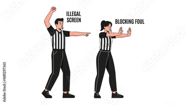 Fototapeta Basketball Referees' Calls: A comprehensive illustration showcasing a male and female referee, each displaying distinct signals to communicate a range of basketball fouls in the sport.