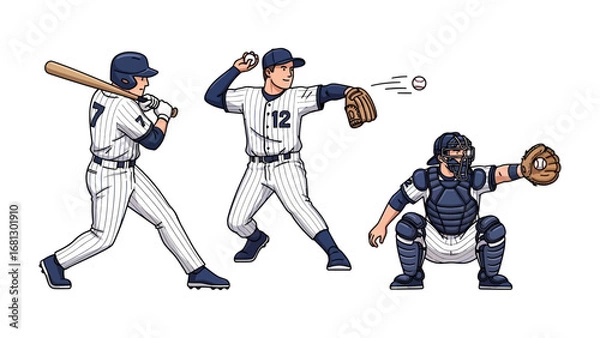 Fototapeta Baseball Action: Dynamic illustrations of baseball players in action. A batter poised to strike, a pitcher delivering a fastball, and a catcher ready to receive.