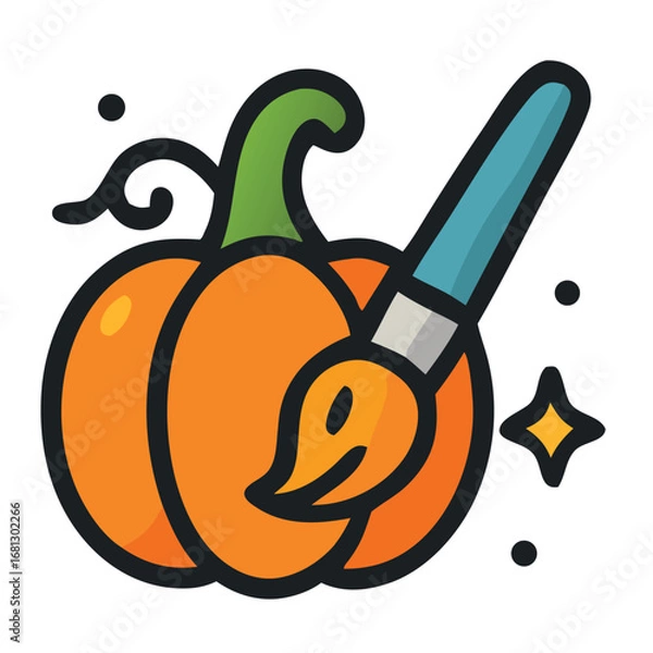 Fototapeta Fallthemed design element featuring a pumpkin with a cheerful expression being painted, ideal for halloween and autumnthemed graphics.