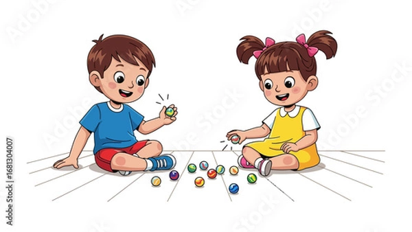 Fototapeta Playtime Buddies: A charming illustration of a boy and girl joyfully playing marbles, their faces lit with delight and sharing a moment of innocent fun on the floor.