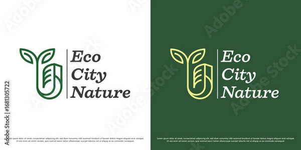 Fototapeta Green city logo design vector illustration. Park outdoor building silhouette. Environmental architecture icon symbol.
