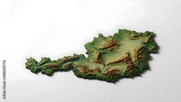 Fototapeta 3D Relief Map of Austria's Topography and Rivers