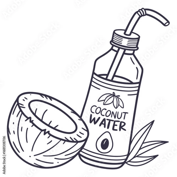 Fototapeta Vector art of coconut water bottle with straw and half coconut