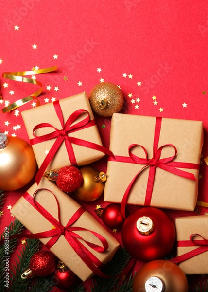 Fototapeta Christmas decorations and gifts on a colored background top view. Vertical photo format