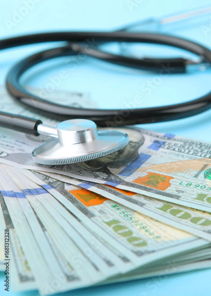 Fototapeta Medical stethoscope and money on a colored background top view close-up. Vertical photo format