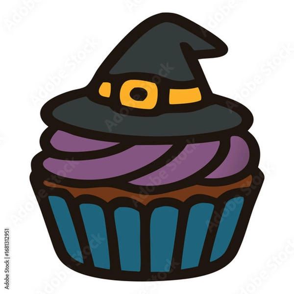 Fototapeta Cupcake with purple icing and witchs hat perfect for halloweenthemed projects and spooky designs.
