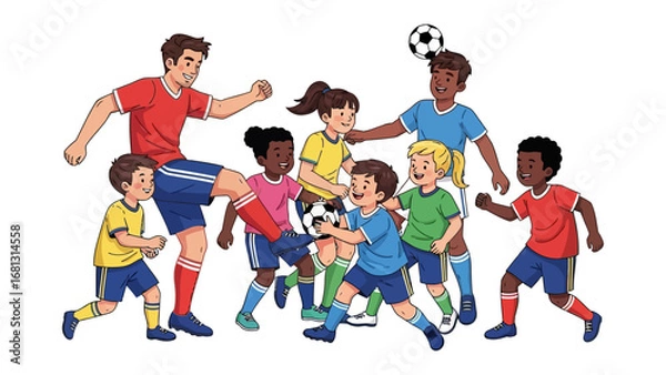 Fototapeta Kids Soccer Fun: A vibrant illustration depicts a group of children engaged in a spirited soccer game, emphasizing the joy of teamwork and the thrill of competition.