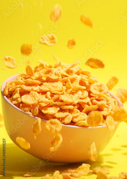 Fototapeta Delicious cornflakes falling into a plate on a colored background.