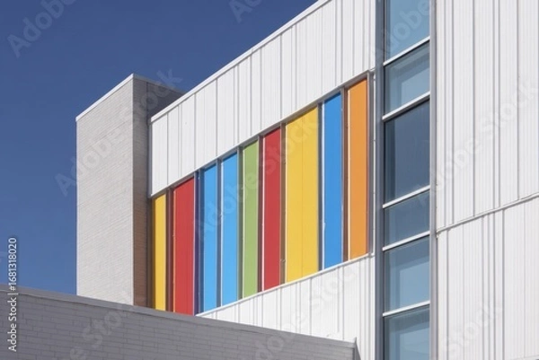Obraz Vibrant colored panels adorn a modern building exterior in a clear blue sky during daytime showcasing contemporary architectural design elements