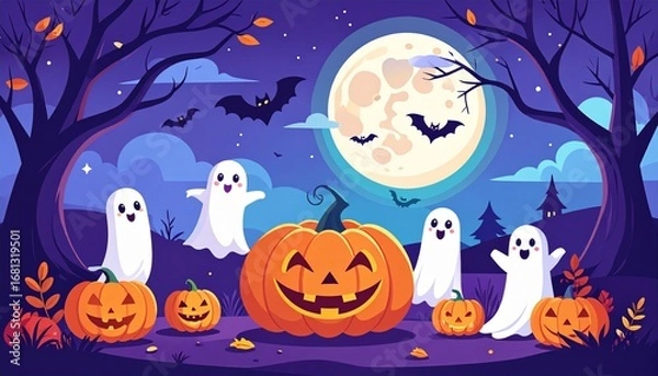 Fototapeta A flat design vector Halloween background for banners, featuring dark purple and black tones, a haunted house silhouette, flying bats, a leafless tree, a full moon, and spooky pumpkins