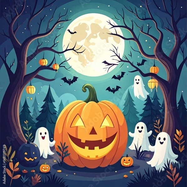 Fototapeta A flat design vector Halloween background for banners, featuring dark purple and black tones, a haunted house silhouette, flying bats, a leafless tree, a full moon, and spooky pumpkins