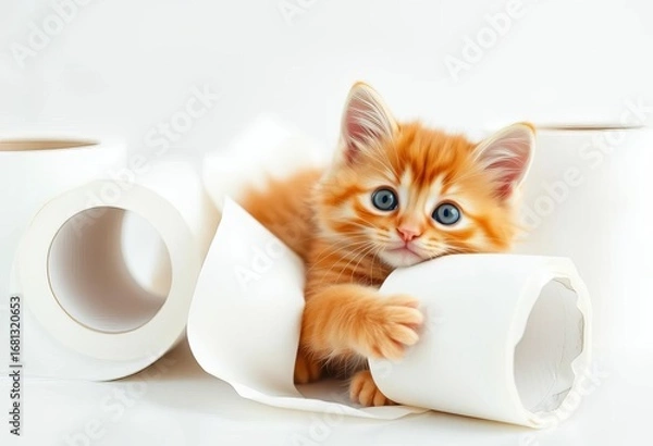 Fototapeta A fluffy orange kitten, eyes wide, playfully entangled in pristine white toilet paper rolls on a clean, minimalist background,  roll,  studio shot