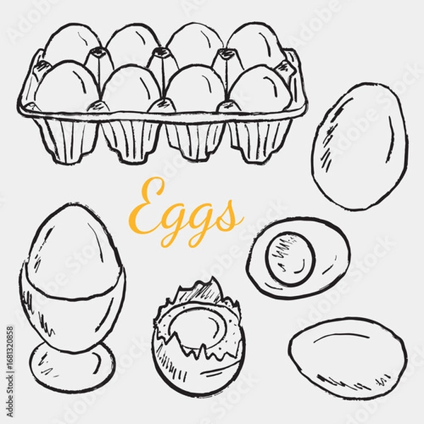 Fototapeta Hand drawn carton eggs box illustrations. Vector sketch vintage style drawing. Menu design, lunch, breakfast. Boiled egg in server