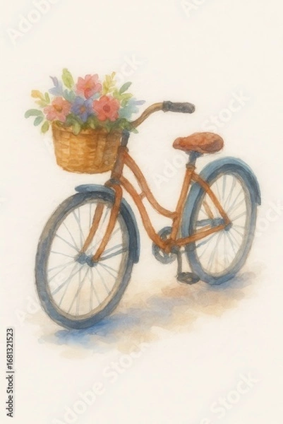 Fototapeta Watercolor painting of a vintage bicycle with a wicker basket filled with colorful flowers, charming retro bike illustration for spring and summer themes.