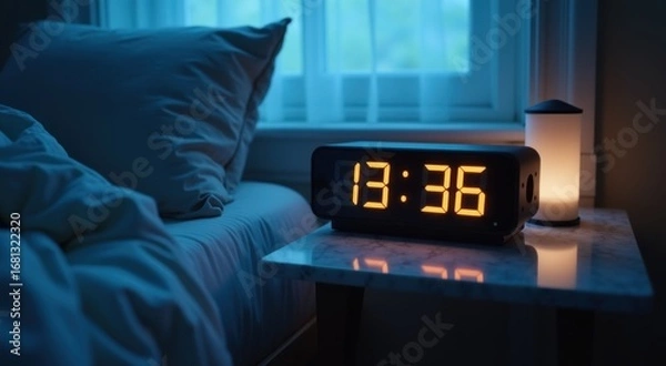 Fototapeta Alarm clock on a nightstand in a bedroom with a window