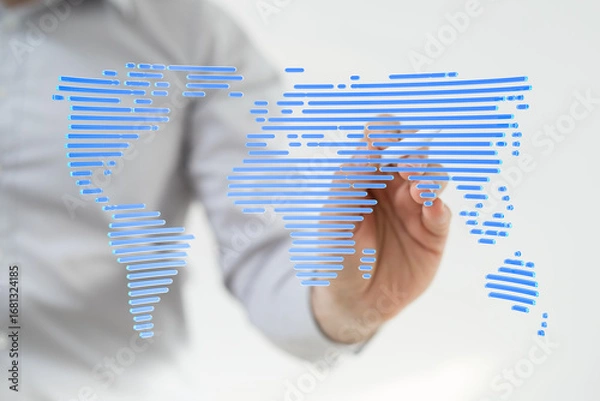 Fototapeta Stock photo of a person drawing a world map, symbolizing global reach and networking.