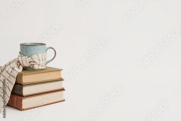 Fototapeta Two piles of books on a white surface with space for writing and a blue mug dressed in a striped scarf