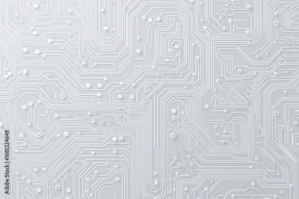 Fototapeta Printed circuit board on a white textured backdrop. Modern electronic computing hardware design. Technology science theme. Embedded communication processor unit. Information engineering element.