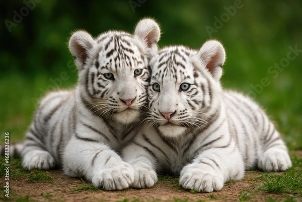 Fototapeta Pair of tiny white tigers lying side by side