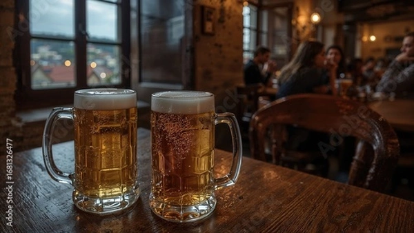 Fototapeta Double servings of draft beer near a medieval stronghold