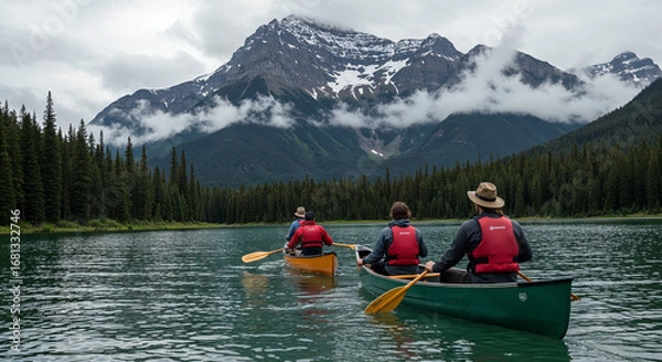 Fototapeta Close-up of four people canoeing on a lake with snowy mountain backdrop
