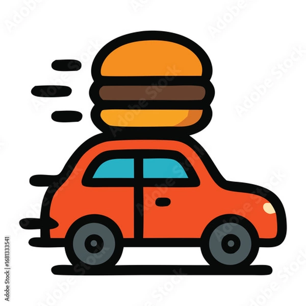 Fototapeta Orange car rushing while delivering a large burger suitable for fast food delivery, restaurant promotion, car delivery service, or traffic concept design projects.