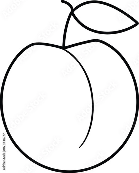 Fototapeta Vector art of simple line drawing of a peach with a stem and leaf, isolated on a, representing healthy food and nature