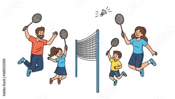 Fototapeta Joyful Family Badminton Game: A lively family is shown playing badminton, full of energy and excitement with the shuttlecock soaring above the net.