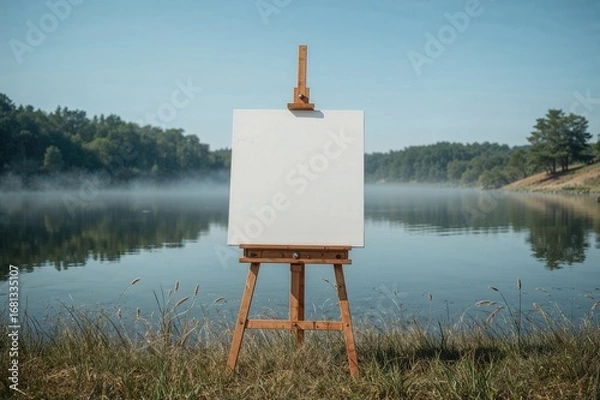 Fototapeta Vintage-style easel holding an empty canvas by a lakeside scene