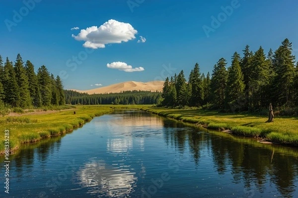 Fototapeta A tranquil river mirrors the vivid blue sky as it flows through wooded shores with a solitary dead tree stump and sandy hills in the background