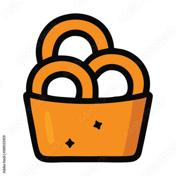 Fototapeta Orange container with three golden onion rings inside, perfect for food blogs, restaurant menus, or social media posts. Great for culinary themes.