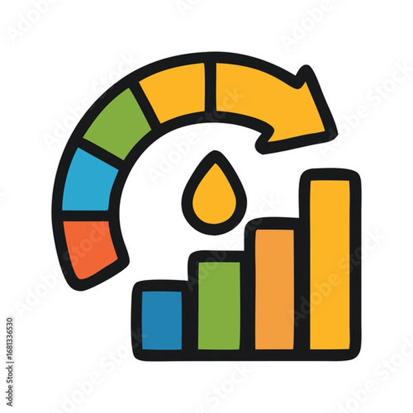 Fototapeta Featuring a cycle arrow above an oil drop and graph bars, suitable for energy industry presentations and reports.