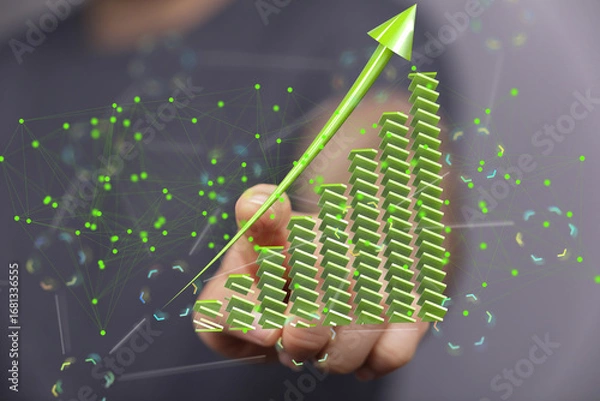 Fototapeta Stock photo of a hand interacting with a 3D bar graph showing growth and financial success. Ideal for business and finance.