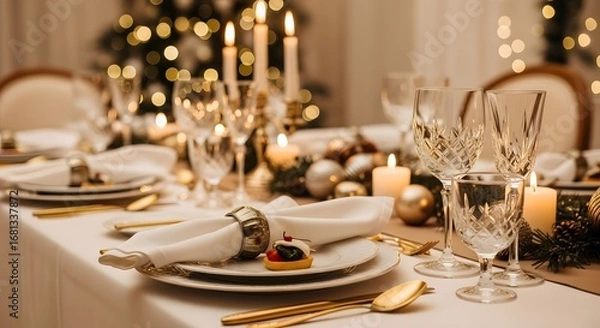 Fototapeta Elegant Christmas Eve dinner, candlelight illuminates a table set with gold cutlery, fine crystal glassware, and a delicious appetizer.