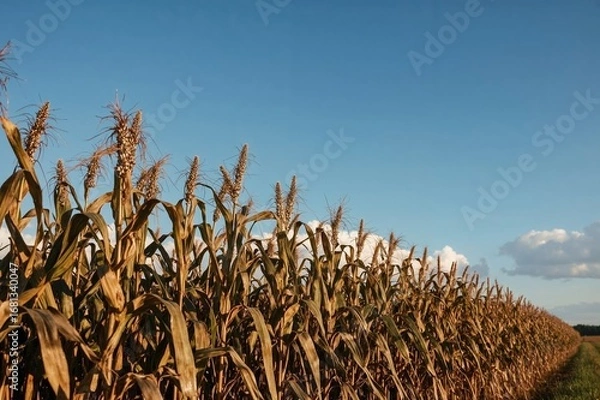 Fototapeta Bundle of dried corn stalks lined up under a clear blue sky