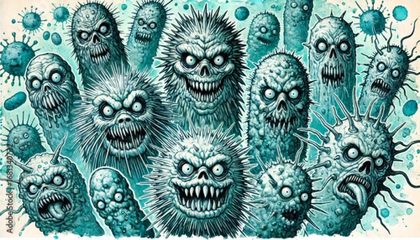 Fototapeta Frightening caricature microbes, generative ai illustration