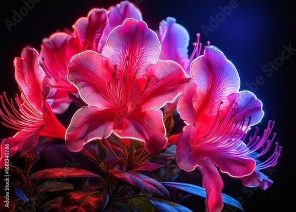 Fototapeta Glowing Pink Azalea Flowers with Neon Light on Dark Background