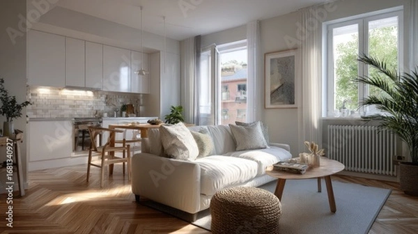 Obraz Scandinavian style studio apartment, oak flooring, white minimal kitchen, cozy sofa, soft daylight, photorealistic