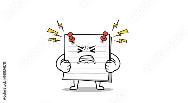 Fototapeta Angry stressed paper character with thumbtacks and lightning bolt stress lines