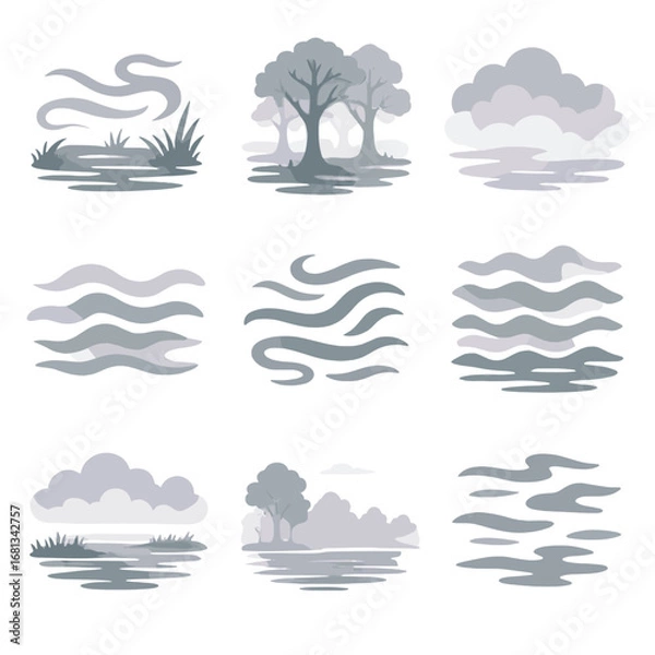 Fototapeta Swamp over mist icon vector horizon outlines drifting marsh icons vapor fog