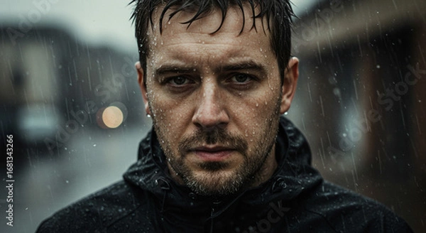 Fototapeta Intense man caught in pouring rain, raindrops on face, determined expression, looking ahead