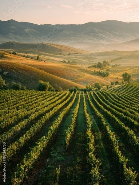 Fototapeta rows of vineyards stretching over gentle hills, soft golden early dawn sunlight 