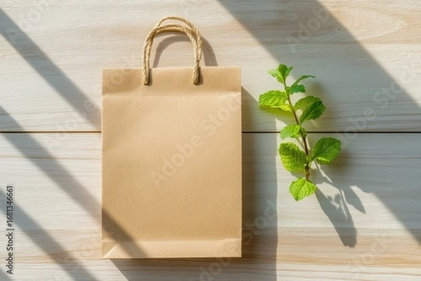 Fototapeta A natural, light-filled presentation of a kraft paper shopping bag alongside a sprig of fresh mint, highlighting a sustainable theme on a light wood surface.