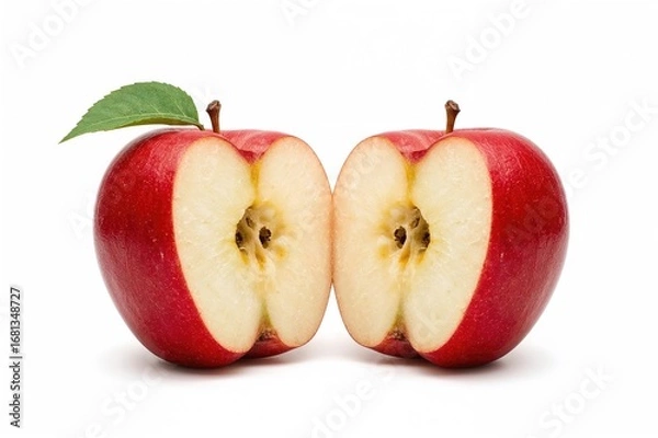 Obraz Red apple fruit sliced in two halves on a white backdrop with clipping path.