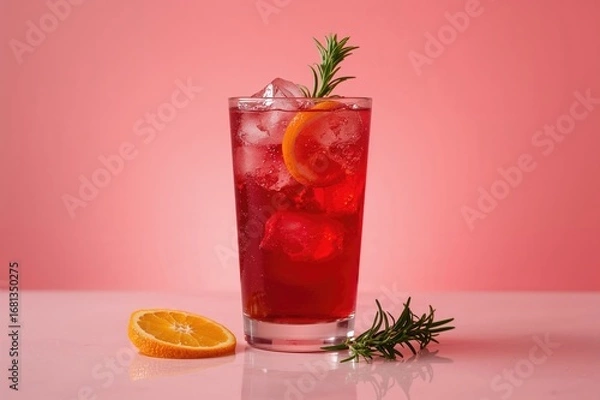 Obraz Large glass filled with a fizzy red drink against a pink backdrop