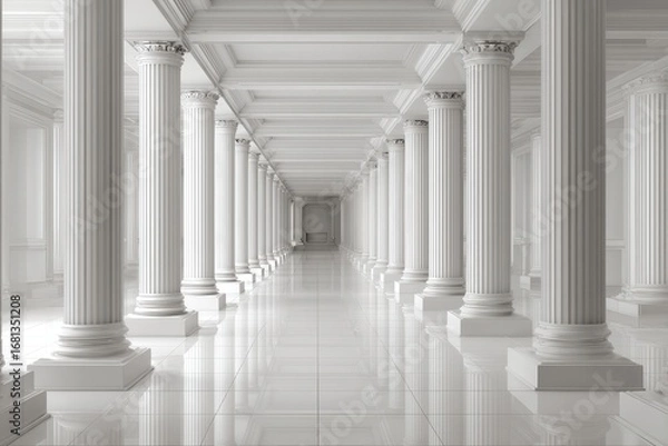 Fototapeta Perspective view of long white corridor with classical columns architecture and glossy tiled floor interior design